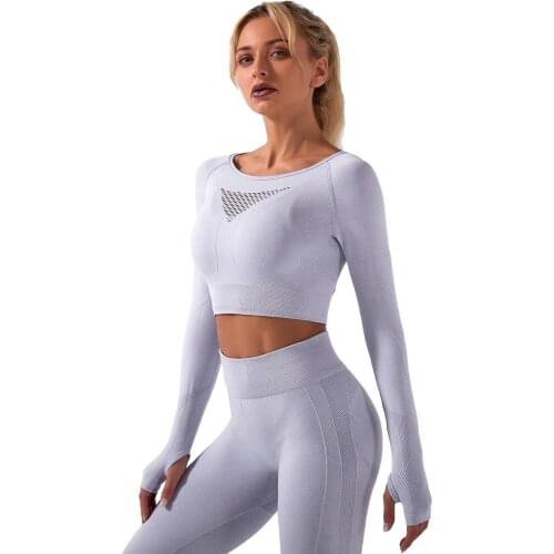 Womens Sport Seamless Yoga Set Solid Color Long Sleeve O-neck Short Pullover and Leggings Ladies Fitness Clothes Set Sportwear
