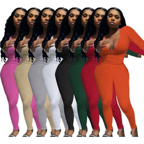 Sexy Two Piece Set Women Solid Color Deep V Long Sleeve T-Shirt Skinny Pants Matching Set Autumn Sports Biker Fitness Streetwear