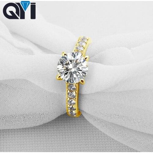 QYI 1.9 ct 14K Solid Yellow Gold Single Row Rings Women Round Cut Sona Simulated Diamond Solitaire Engagement Ring