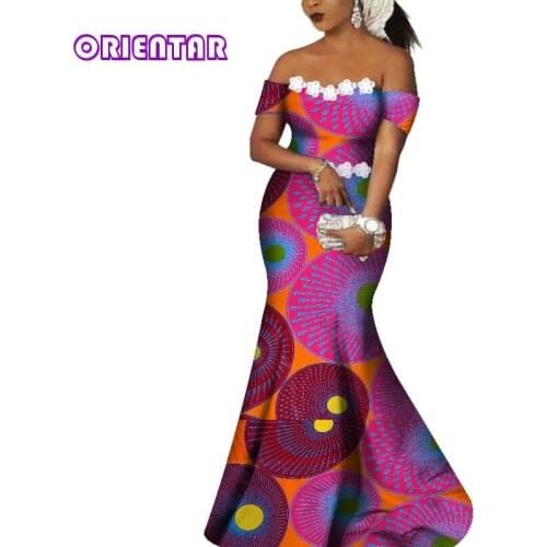 Ankara Dresses African Dresses for Women African Print Cotton Maxi Dress White Flower Slash Neck Robe Africaine WY4365