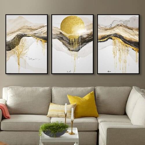 Golden Art Classical Luxury Canvas Painting Home Decor Wall Art Abstract Line Landscape Poster and Print for Living Room Design