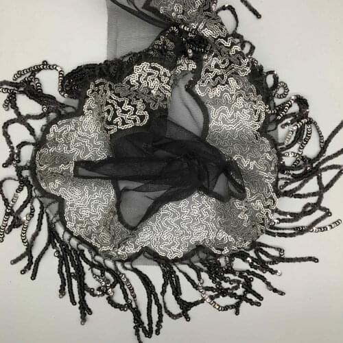 2 yards Black Voile Clouds Sequin Fabric Tassel Wave Lace Trim Ribbon Fabric Sewing Craft For Costume Wedding Dress Decoration