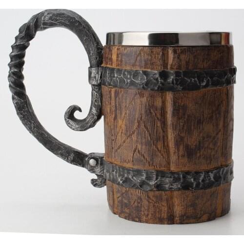 550ml Wooden Barrel Double Layer Beer Mug Resin Stainless Steel Drinking Coffee Cups Big Drinking Mug Kitchen Bar Accessories