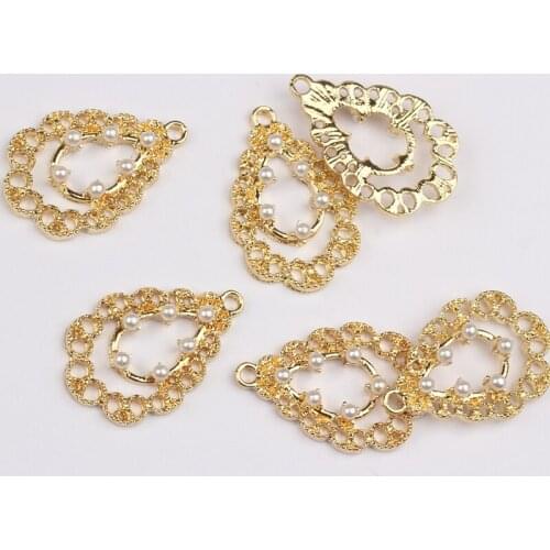 6pcs /lot Zinc Alloy Golden Drop Pearl Lace Flower Drops Charms Pendant For DIY Fashion Pendant Earrings Making Accessories