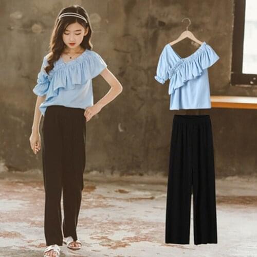 Girls Designer Clothes Kids Fashion Asymmetric Top + Loose High Waist Casual Thin Trousers 2pcs Sets Outfits Teen Girls Clothing