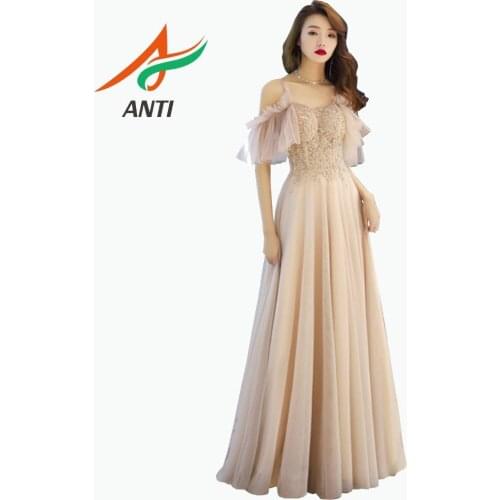 ANTI Champagne Evening Gown 2019 Appliques Beading Elegant Tulle Banquet Floor-length Formal Party Long Dress Robe De Soiree