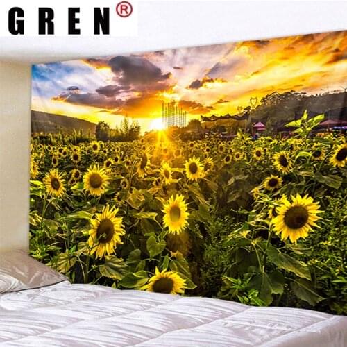 GREN Tapestry Mountain Sunflower Natural Landscape Hanging Covering Rugs Background Cloth Beach Mat Blanket Art Home Decor