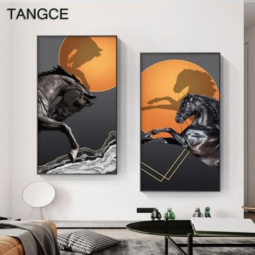Nordic Classical Black Horse Art Canvas Painting Animal Posters Print Modern HD Orange Wall Pictures for Living Room Aisle Decor