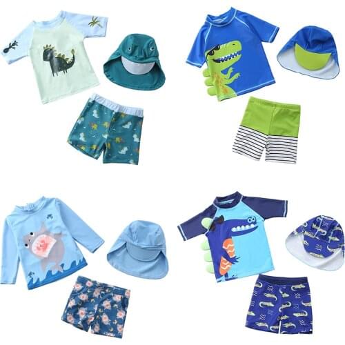 Baby Swimwear 3 Pieces with Hat Dinosaur Shark Print Bathing Suit Boy Childrens Rash Guard Set Toddler Kids Boys Swimming Suit