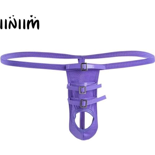 Mens Adult Exotic Faux Leather Lingerie Sexy Low Rise Strappy Open Butt G-string Sissy Bikini Underpants with Elastic Penis Hole