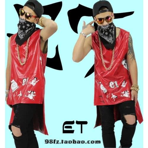 Men Red Long Section Leather Vest Nightclub Male Singer Bar Dj Print Sleeveless Coat Vests Costume