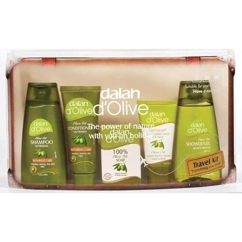 Dalan Dolive Travel Set with Olive Oil 5 Pieces Shower Gel Soap Shampoo Conditioner Hand Bag