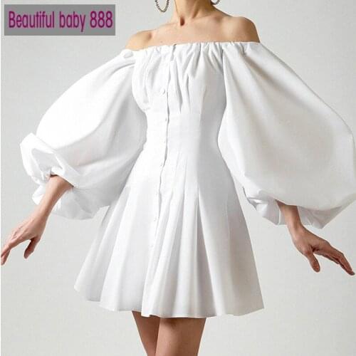 Meqeiss New Lantern Sleeve Elegant Button Up Mini Dresses Off Shoulder Sexy Backless Dress Autumn Bodycon Solid Bustier Dress