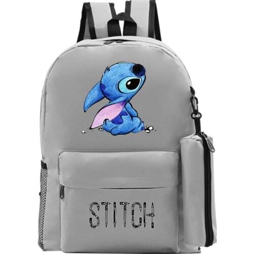 Disney Stitch Print Boy Girl Backpack + Pencil Case Leisure Student School Bag Black Pink Leisure Two-piece Set