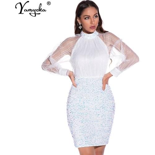 Sexy Dresses See through white sequin woman Summer dress women vintage glitter night club outfits bodycon party dress vestidos