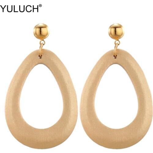 YULUCH 2019 New Design Handmade Golden Water Drop Wooden Clip Hollow Stud Earings Bohemian Earings For Women Jewelry Accessories