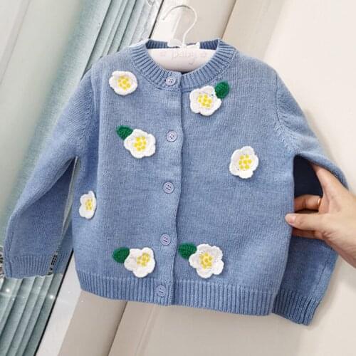 Blue three-dimensional flowers girls pure cotton knit cardigan sweater coat