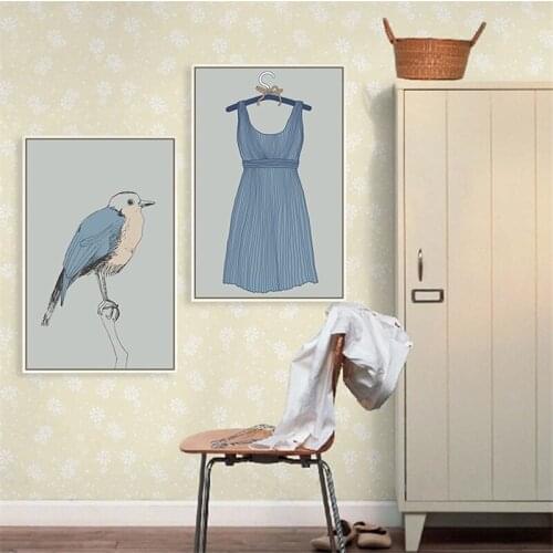 Nordic Vintage Studio Clothing Store Canvas Painting Blue Women Dress Bird Wall Picture Home Living Room Decoration Mural Poster