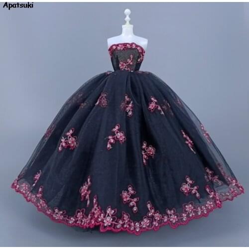 Black Red Flower Handmade Wedding Dress For Barbie Clothes Outfits Party Gown 1/6 Dolls Accessories Kids Toys DIY