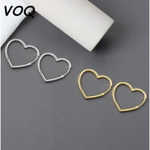 VOQ 925 Sterling Silver Simple Silver Color Earrings Two Colors Love Heart Hoop Earrings for Women Gift