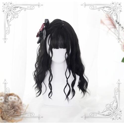 High Quality Soft Girl Lolita Natural Black Air Bangs Water Wave Wig
