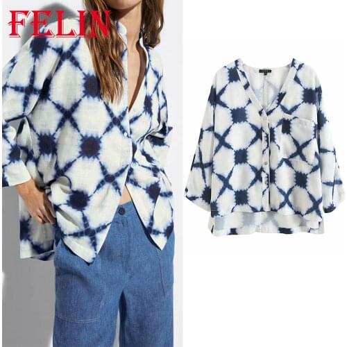 Women Elegant Plaid Print Chiffon Shirts Za 2021 V Neck Single Button Oversized Casual Blouses Long Sleeve Office Lady Tops