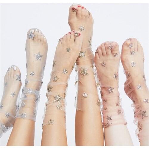Women Harajuku Glitter Stars Socks Ladies Transparent Mesh Gold Sliver Grey Novelty Stars Fishnet Socks Calcetines Divertidos