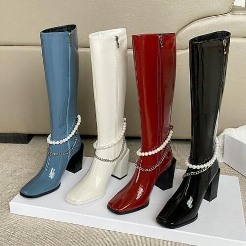Women Genuine Leather Knee High Boots Fashion Pearl Chain Knight Boots Female Thick Hee Square Toe Boots Autumn Womens Shoes
