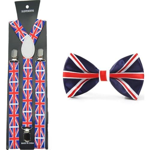 Women Men Suspender For Trousers Pants Holder Bowtie Set Y-Shape British flag Brace Gallus Office Casual Bowtie Set Gift Cravat