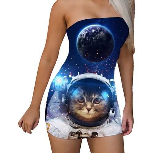 Summer Women Cat of the Galaxy Sublimation Printing Bodycon Sundress Strapless Stretchy Sexy Off Shoulder Tube Dress