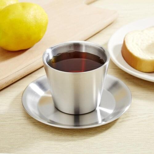 2Pcs Stainless Steel Thermal Coffee Mug Cappuccino Latte Drinking Cup Saucer Set Outdoor Travel Camping Cup