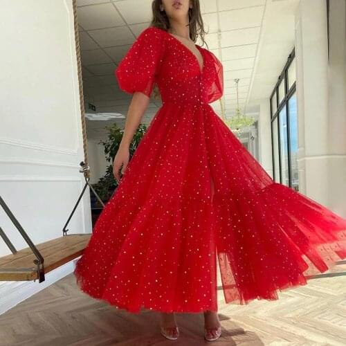 Sparkly V-Neck Red Prom Dresses Puff Sleeves A-Line Short Evening Dresses Starry Tulle Tea-Length Formal Party Dresses