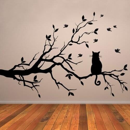 Cat On Tree Branch Birds Wall Sticker Tree Vinyl Wall Decal Adesivi Murali Glass Film Window Stickers Home Deco Wall Art D503
