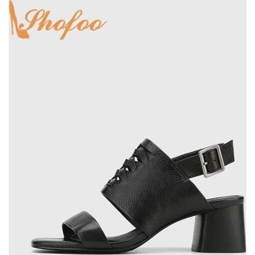 Black Women Sandals High Chunky Heels Open Toe Ankle Strap Plaited Large Size 13 15 Ladies Summer Fashion Matue Shoes Shofoo
