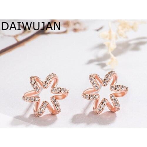 DAIWUJAN 925 Sterling Silver Stud Earrings High Quality Woman Fashion Jewelry Hollow Flower Zircon Crystal Statement Earrings