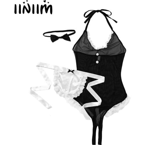 Hot Mens Sissy Maid Dress Lingerie Exotic Costumes See-Through Mesh Backless Lace Trim Crotchless Bodysuit with Apron Bow Tie