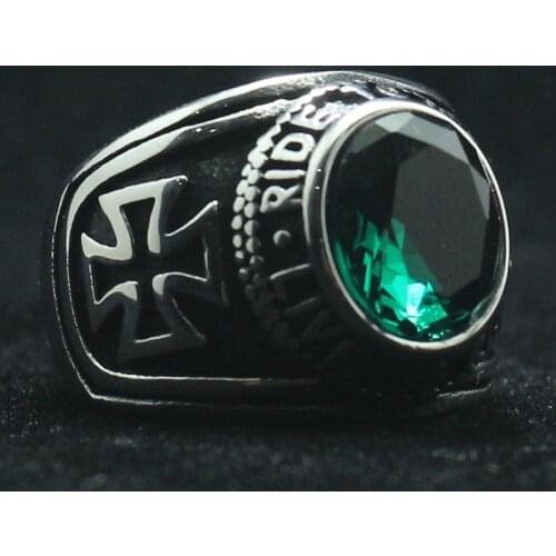 Rider Motorcycle Style Unisex 316L Stainless Steel Cool Ride To Live, Live To Live Cross Green Stone Classic Biker Ring