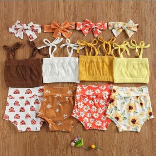 3Pcs Set Baby Girl Summer Outfits Straped Bow Tie Strap Tank Tops Floral Short Pants Headband Babys Sets