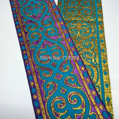 10cm 4'' Stage Costume Laciness Curtain National Jacquard Ribbon Garment Woven Webbing Purple Blink Golden Filigree Tutem Trim