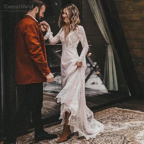 Bohemian Lace Wedding Dresses Long Sleeve A Line Charming Bridal Gowns V-Neck Fashion Vestido De Noivas DW566