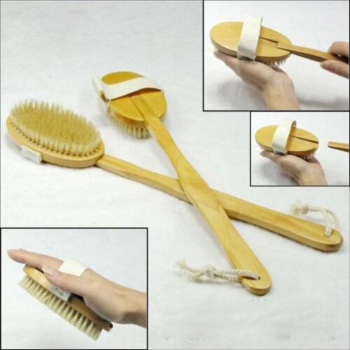 Long Handle Natural Wood Wooden Bath Body Brush For Bathing with Natural Boar Bristles &Detachable Back Spa Scrubber,18Inches