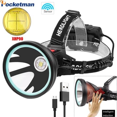 New XHP90 LED Headlamp Sensor Headlight USB Rechargeable Head Light Waterproof Head Lamp with Red Warning Light Head Torch
