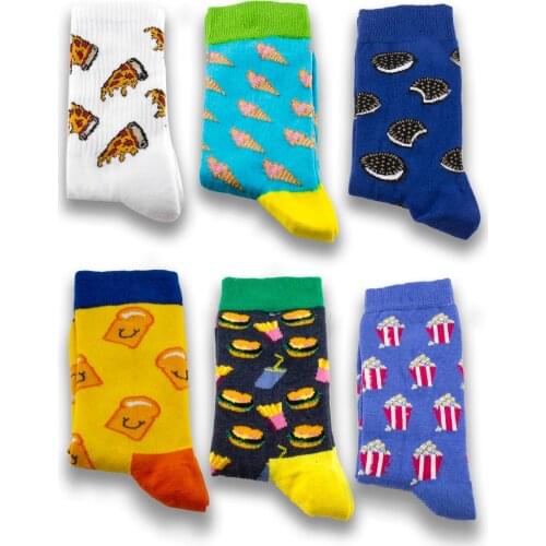 Unisex Graphic Socks Snack Patterned Wooden Box 6 Pieces Cotton Men Women Socks Set For Gift Colourful New Fashion