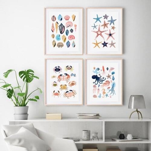 Under Sea Canvas Painting,Crab,Shells,Starfish Art Poster,Nursery Wall Pictures,Nautical Gift,Modern Minimalist Kids Room Decor