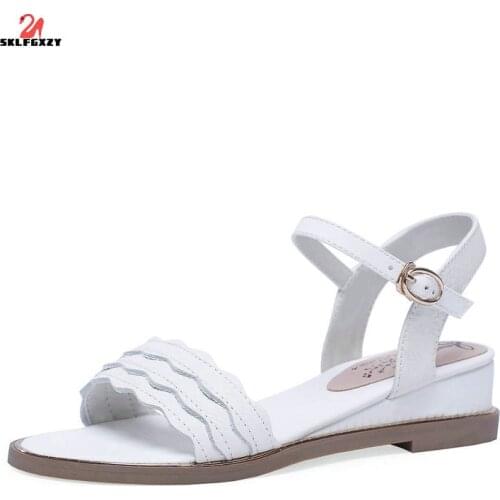 SKLFGXZY Black White Summer New Arrival Women Sandals Fashion Genuine Leather Women Shoes Cowhide Wave Pattern Sandals Slippers