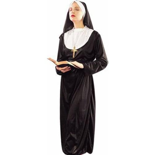 Womens Nun Costume Traditional Adult Sister Black Robe Religious Halloween Costumes Fancy Dress Cosplay Outfit