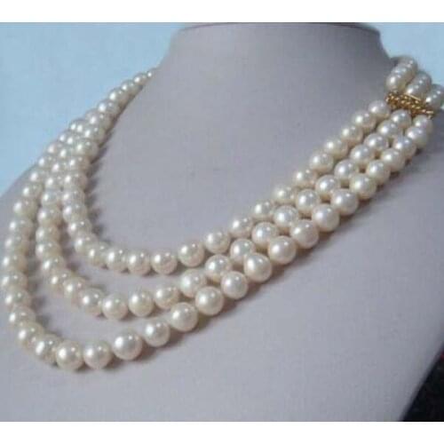 Three-Strand natural 9-8 mm akoya white pearl necklace 17"18"19" 14K gold clasp