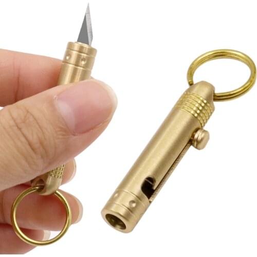 Mini Utility Knife Box Cutter Open Craft Brass Spear Type Front Switchblade Knife with Keychain for Camping Outdoor Survive