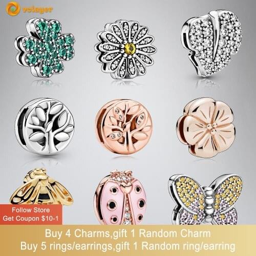 Volayer 925 Sterling Silver Bee Leaf Tree Polished Daisy Flower Butterfly Clip Charms fit Original Pandora Reflexions Bracelets