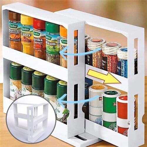 Spice Jars Rotating Storage Rack 2-Layer 90° Spin Seasoning Cosmetic Medicine Bottle Organizer Rack for Kitchen Bathroom #40